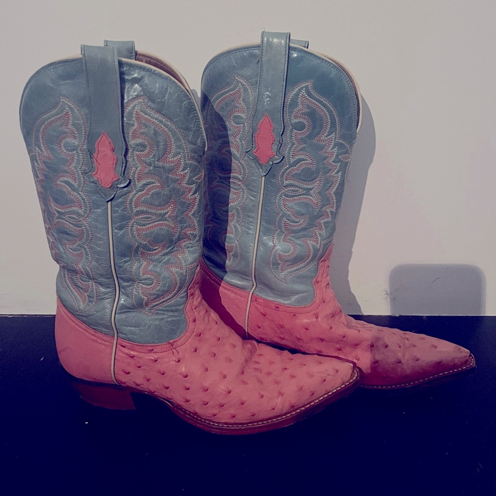 Tony Lama, size 7, pink and teal ostrich boots